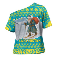 Kazakhstan Christmas Cross Shoulder Shirt with Santa Skiing in Traditional Outfit Snow Mountain and Sun Pattern - Wonder Print Shop