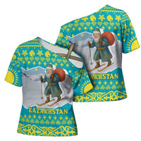 Kazakhstan Christmas Cross Shoulder Shirt with Santa Skiing in Traditional Outfit Snow Mountain and Sun Pattern - Wonder Print Shop