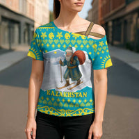 Kazakhstan Christmas Cross Shoulder Shirt with Santa Skiing in Traditional Outfit Snow Mountain and Sun Pattern - Wonder Print Shop