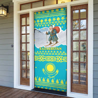 Kazakhstan Christmas Door Cover with Santa Skiing in Traditional Outfit Snow Mountain and Sun Pattern - Wonder Print Shop
