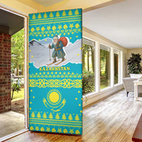 Kazakhstan Christmas Door Cover with Santa Skiing in Traditional Outfit Snow Mountain and Sun Pattern - Wonder Print Shop