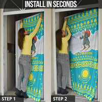 Kazakhstan Christmas Door Cover with Santa Skiing in Traditional Outfit Snow Mountain and Sun Pattern - Wonder Print Shop