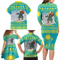 Kazakhstan Christmas Family Matching Long Sleeve Bodycon Dress and Hawaiian Shirt with Santa Skiing in Traditional Outfit Snow Mountain and Sun Pattern - Wonder Print Shop