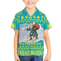 Kazakhstan Christmas Family Matching Long Sleeve Bodycon Dress and Hawaiian Shirt with Santa Skiing in Traditional Outfit Snow Mountain and Sun Pattern - Wonder Print Shop