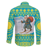 Kazakhstan Christmas Family Matching Mermaid Dress and Hawaiian Shirt with Santa Skiing in Traditional Outfit Snow Mountain and Sun Pattern - Wonder Print Shop