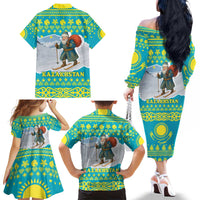 Kazakhstan Christmas Family Matching Off The Shoulder Long Sleeve Dress and Hawaiian Shirt with Santa Skiing in Traditional Outfit Snow Mountain and Sun Pattern - Wonder Print Shop