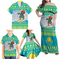 Kazakhstan Christmas Family Matching Off Shoulder Maxi Dress and Hawaiian Shirt with Santa Skiing in Traditional Outfit Snow Mountain and Sun Pattern - Wonder Print Shop