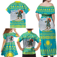 Kazakhstan Christmas Family Matching Off Shoulder Maxi Dress and Hawaiian Shirt with Santa Skiing in Traditional Outfit Snow Mountain and Sun Pattern - Wonder Print Shop