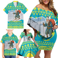 Kazakhstan Christmas Family Matching Off Shoulder Short Dress and Hawaiian Shirt with Santa Skiing in Traditional Outfit Snow Mountain and Sun Pattern - Wonder Print Shop