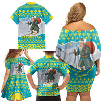 Kazakhstan Christmas Family Matching Off Shoulder Short Dress and Hawaiian Shirt with Santa Skiing in Traditional Outfit Snow Mountain and Sun Pattern - Wonder Print Shop