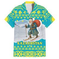 Kazakhstan Christmas Family Matching Off Shoulder Short Dress and Hawaiian Shirt with Santa Skiing in Traditional Outfit Snow Mountain and Sun Pattern - Wonder Print Shop
