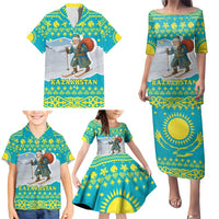 Kazakhstan Christmas Family Matching Puletasi and Hawaiian Shirt with Santa Skiing in Traditional Outfit Snow Mountain and Sun Pattern - Wonder Print Shop