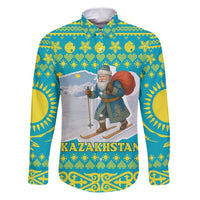 Kazakhstan Christmas Family Matching Puletasi and Hawaiian Shirt with Santa Skiing in Traditional Outfit Snow Mountain and Sun Pattern - Wonder Print Shop