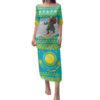 Kazakhstan Christmas Family Matching Puletasi and Hawaiian Shirt with Santa Skiing in Traditional Outfit Snow Mountain and Sun Pattern - Wonder Print Shop