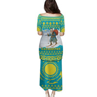 Kazakhstan Christmas Family Matching Puletasi and Hawaiian Shirt with Santa Skiing in Traditional Outfit Snow Mountain and Sun Pattern - Wonder Print Shop
