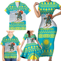 Kazakhstan Christmas Family Matching Short Sleeve Bodycon Dress and Hawaiian Shirt with Santa Skiing in Traditional Outfit Snow Mountain and Sun Pattern - Wonder Print Shop