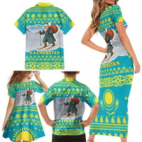 Kazakhstan Christmas Family Matching Short Sleeve Bodycon Dress and Hawaiian Shirt with Santa Skiing in Traditional Outfit Snow Mountain and Sun Pattern - Wonder Print Shop
