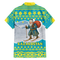 Kazakhstan Christmas Family Matching Short Sleeve Bodycon Dress and Hawaiian Shirt with Santa Skiing in Traditional Outfit Snow Mountain and Sun Pattern - Wonder Print Shop