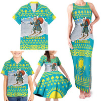 Kazakhstan Christmas Family Matching Tank Maxi Dress and Hawaiian Shirt with Santa Skiing in Traditional Outfit Snow Mountain and Sun Pattern - Wonder Print Shop