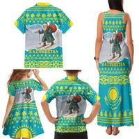 Kazakhstan Christmas Family Matching Tank Maxi Dress and Hawaiian Shirt with Santa Skiing in Traditional Outfit Snow Mountain and Sun Pattern - Wonder Print Shop