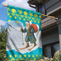 Kazakhstan Christmas Garden Flag with Santa Skiing in Traditional Outfit Snow Mountain and Sun Pattern - Wonder Print Shop