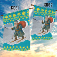Kazakhstan Christmas Garden Flag with Santa Skiing in Traditional Outfit Snow Mountain and Sun Pattern - Wonder Print Shop