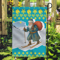 Kazakhstan Christmas Garden Flag with Santa Skiing in Traditional Outfit Snow Mountain and Sun Pattern - Wonder Print Shop