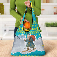 Kazakhstan Christmas Grocery Bag with Santa Skiing in Traditional Outfit Snow Mountain and Sun Pattern - Wonder Print Shop
