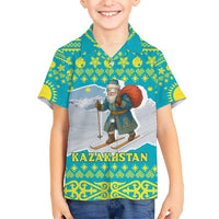 Kazakhstan Christmas Hawaiian Shirt with Santa Skiing in Traditional Outfit Snow Mountain and Sun Pattern - Wonder Print Shop
