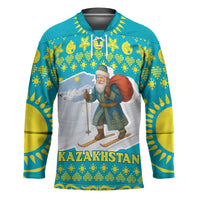 Kazakhstan Christmas Hockey Jersey with Santa Skiing in Traditional Outfit Snow Mountain and Sun Pattern - Wonder Print Shop