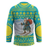 Kazakhstan Christmas Hockey Jersey with Santa Skiing in Traditional Outfit Snow Mountain and Sun Pattern - Wonder Print Shop