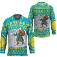 Kazakhstan Christmas Hockey Jersey with Santa Skiing in Traditional Outfit Snow Mountain and Sun Pattern - Wonder Print Shop
