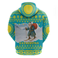 Kazakhstan Christmas Hoodie with Santa Skiing in Traditional Outfit Snow Mountain and Sun Pattern - Wonder Print Shop