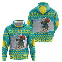 Kazakhstan Christmas Hoodie with Santa Skiing in Traditional Outfit Snow Mountain and Sun Pattern - Wonder Print Shop