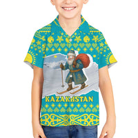 Kazakhstan Christmas Kid Hawaiian Shirt with Santa Skiing in Traditional Outfit Snow Mountain and Sun Pattern - Wonder Print Shop