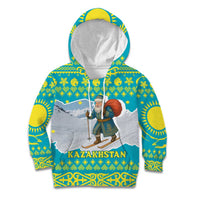 Kazakhstan Christmas Kid Hoodie with Santa Skiing in Traditional Outfit Snow Mountain and Sun Pattern - Wonder Print Shop