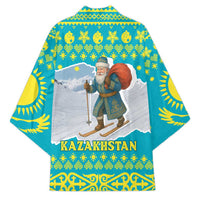 Kazakhstan Christmas Kimono with Santa Skiing in Traditional Outfit Snow Mountain and Sun Pattern - Wonder Print Shop