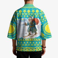 Kazakhstan Christmas Kimono with Santa Skiing in Traditional Outfit Snow Mountain and Sun Pattern - Wonder Print Shop