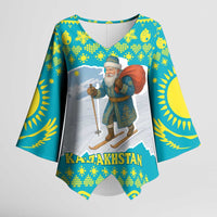Kazakhstan Christmas Kimono Sleeve Blouse with Santa Skiing in Traditional Outfit Snow Mountain and Sun Pattern - Wonder Print Shop