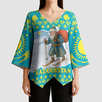 Kazakhstan Christmas Kimono Sleeve Blouse with Santa Skiing in Traditional Outfit Snow Mountain and Sun Pattern - Wonder Print Shop
