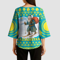 Kazakhstan Christmas Kimono Sleeve Blouse with Santa Skiing in Traditional Outfit Snow Mountain and Sun Pattern - Wonder Print Shop