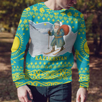 Kazakhstan Christmas Ugly Christmas Sweater with Santa Skiing in Traditional Outfit Snow Mountain and Sun Pattern - Wonder Print Shop