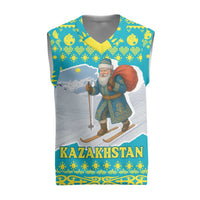 Kazakhstan Christmas Knitted V-Neck Vest with Santa Skiing in Traditional Outfit Snow Mountain and Sun Pattern - Wonder Print Shop