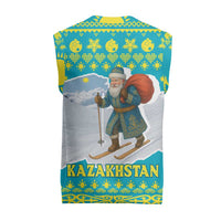 Kazakhstan Christmas Knitted V-Neck Vest with Santa Skiing in Traditional Outfit Snow Mountain and Sun Pattern - Wonder Print Shop