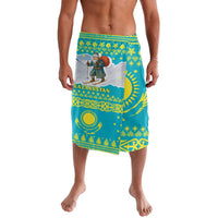 Kazakhstan Christmas Lavalava with Santa Skiing in Traditional Outfit Snow Mountain and Sun Pattern - Wonder Print Shop