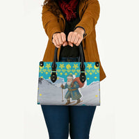 Kazakhstan Christmas Leather Bag with Santa Skiing in Traditional Outfit Snow Mountain and Sun Pattern - Wonder Print Shop
