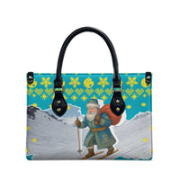 Kazakhstan Christmas Leather Bag with Santa Skiing in Traditional Outfit Snow Mountain and Sun Pattern - Wonder Print Shop