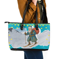 Kazakhstan Christmas Leather Tote Bag with Santa Skiing in Traditional Outfit Snow Mountain and Sun Pattern - Wonder Print Shop
