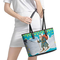 Kazakhstan Christmas Leather Tote Bag with Santa Skiing in Traditional Outfit Snow Mountain and Sun Pattern - Wonder Print Shop