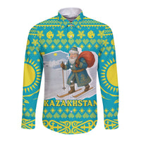 Kazakhstan Christmas Long Sleeve Button Shirt with Santa Skiing in Traditional Outfit Snow Mountain and Sun Pattern - Wonder Print Shop
